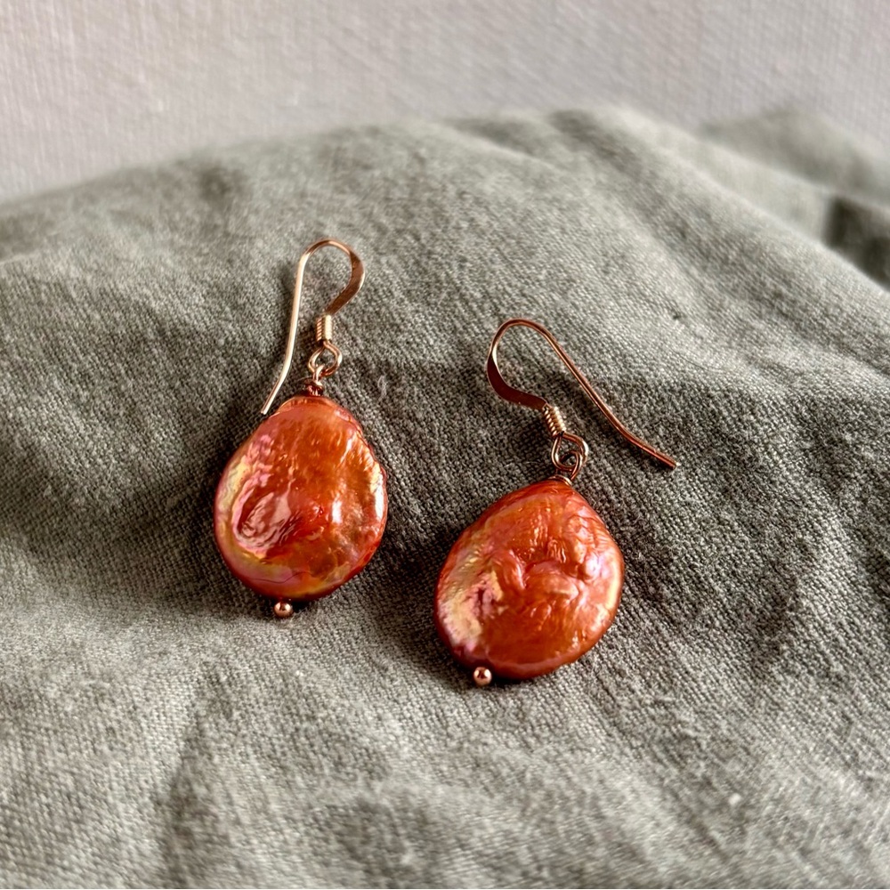 Handcrafted Orange-Pink Pearl Drop Earrings - Women Jewelry